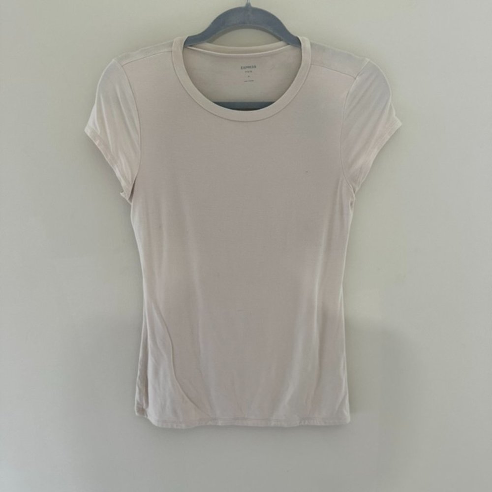 Express Fitted Double Layer Crew Neck Tee Cream